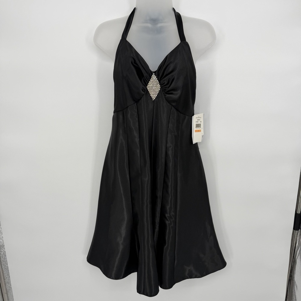 Jessica McClintock Gunne Sax‎ Sz 7 Black Satin Halter Mini Dress Rhinestone Y2K